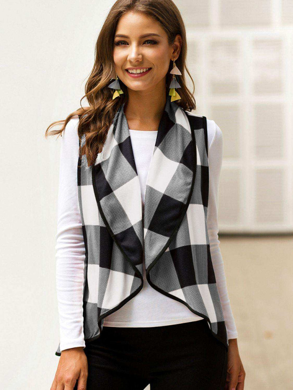 Plaid Open Front Sleeveless Cardigan - Trendsi - Flyclothing LLC