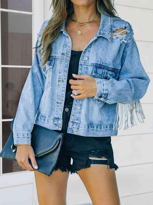 Distressed Fringe Denim Jacket - Trendsi