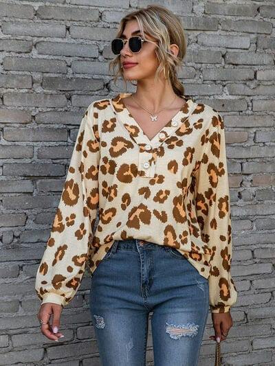 Leopard V-Neck Decorative Button Long Sleeve Blouse - Trendsi