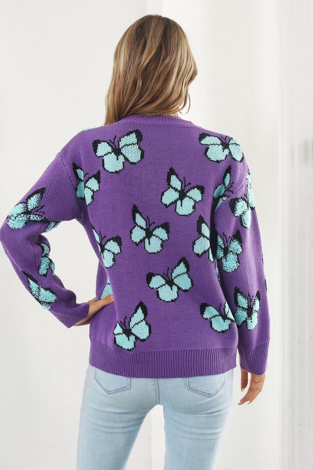 Butterfly Pattern Round Neck Dropped Shoulder Sweater - Trendsi