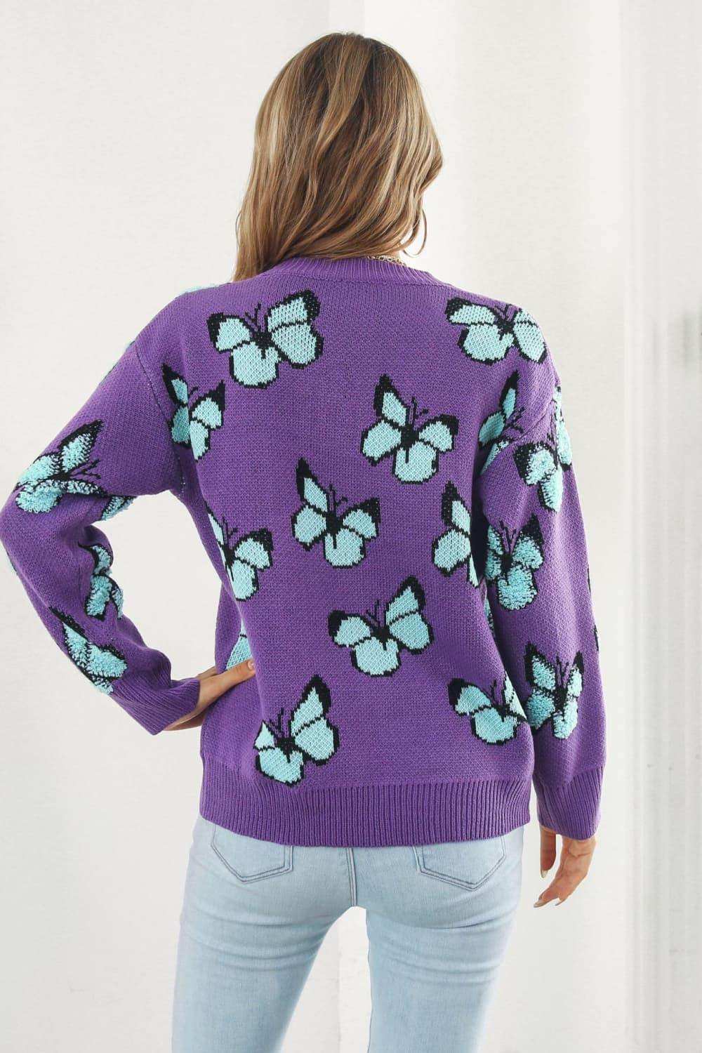Butterfly Pattern Round Neck Dropped Shoulder Sweater - Trendsi - Flyclothing LLC