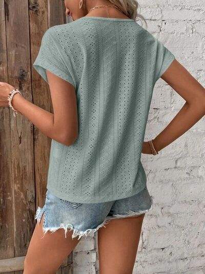 Eyelet V-Neck Short Sleeve T-Shirt - Trendsi - Flyclothing LLC