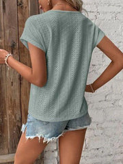 Eyelet V-Neck Short Sleeve T-Shirt - Trendsi