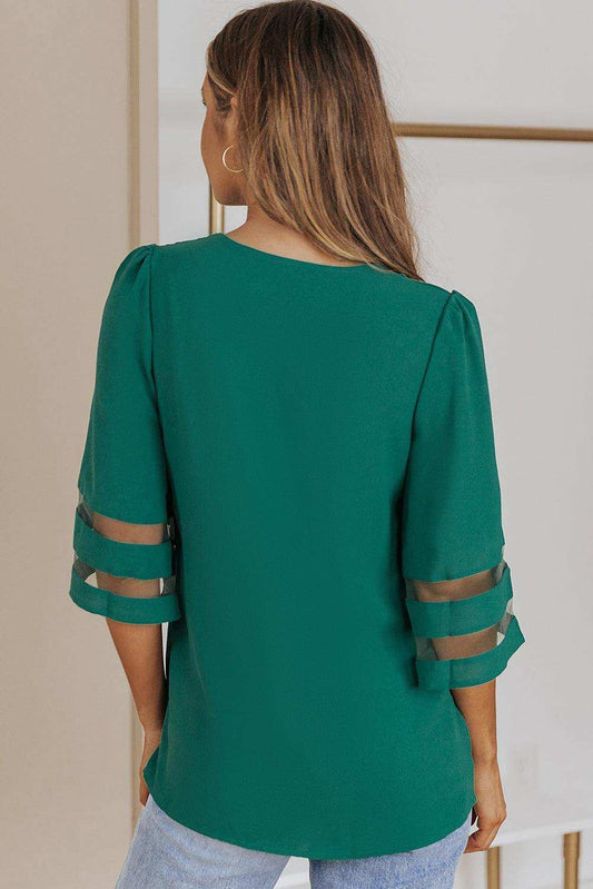 Sheer Striped Flare Sleeve V-Neck Blouse - Trendsi - Flyclothing LLC