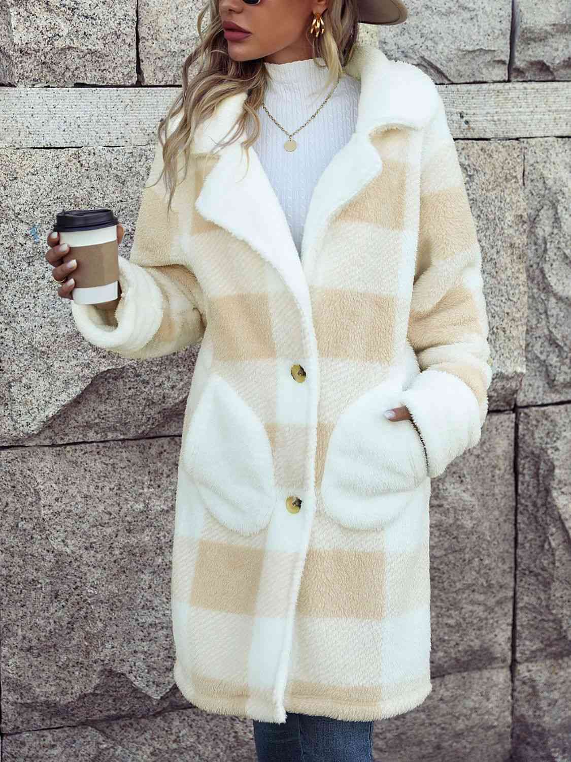 Plaid Button Down Coat with Pockets - Trendsi - Flyclothing LLC