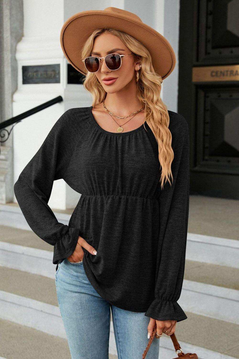 Round Neck Flounce Sleeve Blouse - Trendsi - Flyclothing LLC