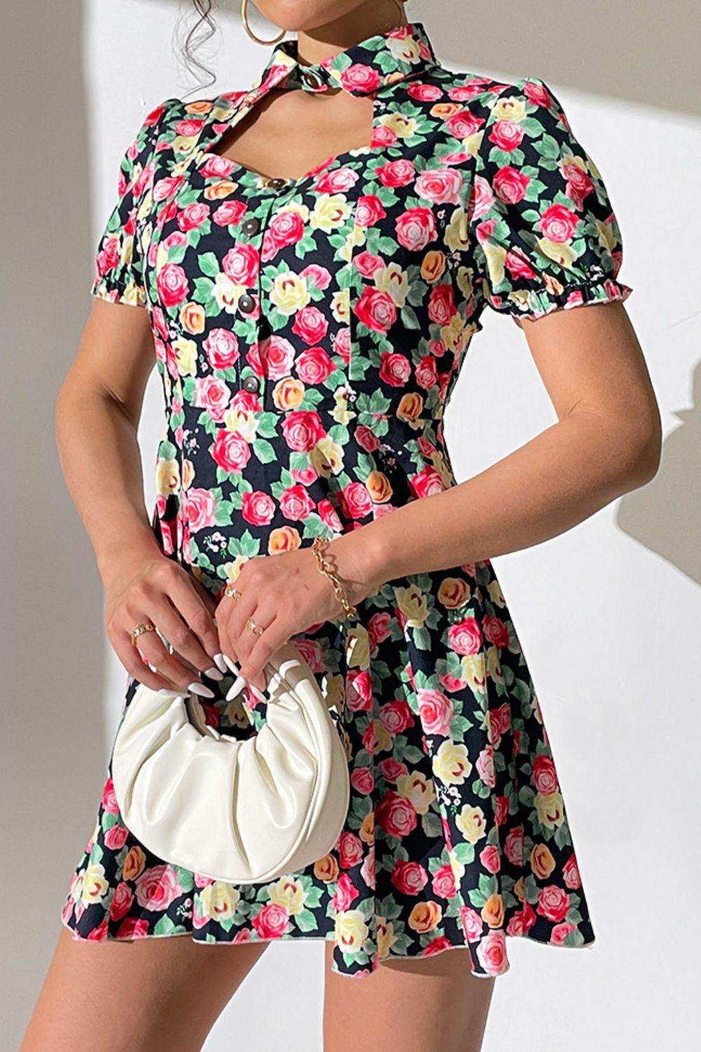Floral Buttoned Cutout Puff Sleeve Dress - Trendsi - Flyclothing LLC