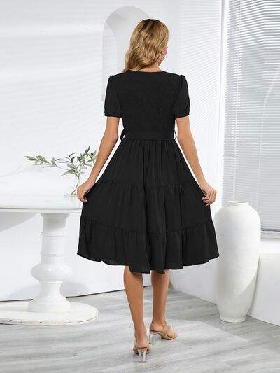 Smocked Tie Front Short Sleeve Tiered Dress - Trendsi - Flyclothing LLC