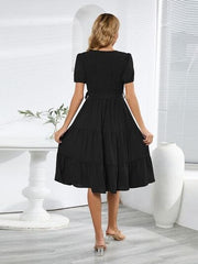 Smocked Tie Front Short Sleeve Tiered Dress - Flyclothing LLC