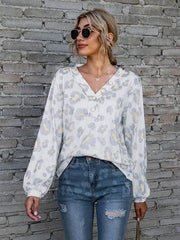 Leopard V-Neck Decorative Button Long Sleeve Blouse - Trendsi