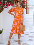 Floral Puff Sleeve Ruffle Hem Midi Dress - Trendsi