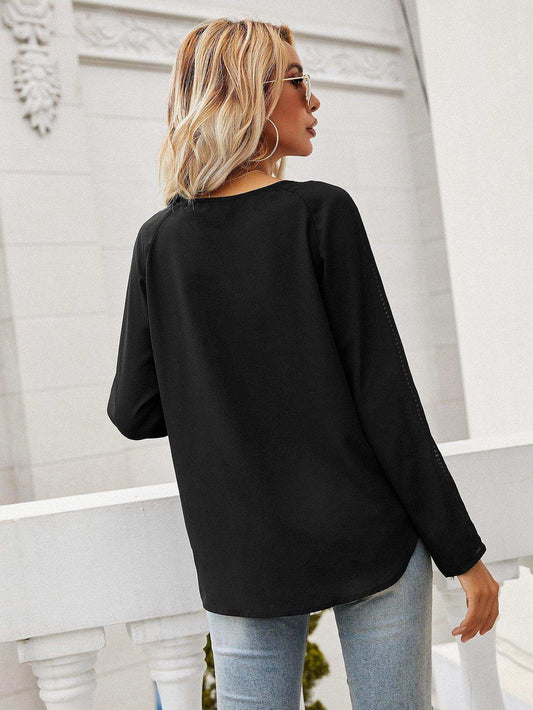 Tie Neck Long Sleeve Semi-Sheer Blouse - Trendsi - Flyclothing LLC