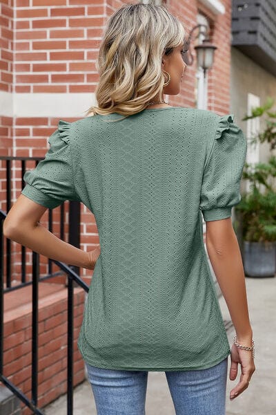 Eyelet Ruffled Round Neck T-Shirt - Trendsi