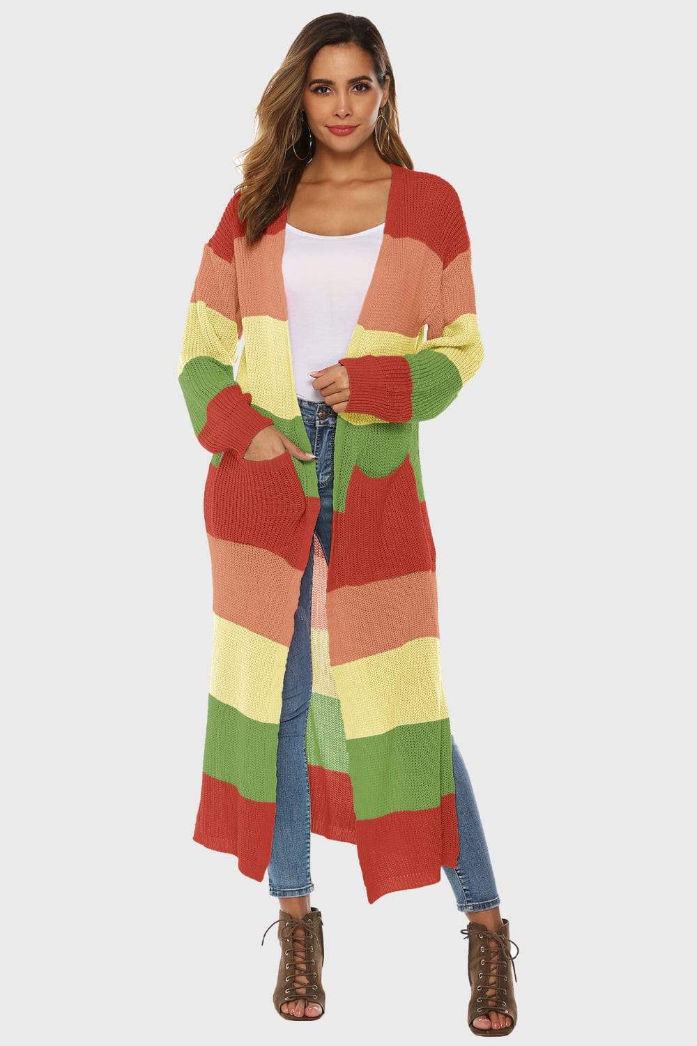 Color Block Long Sleeve Pocketed Cardigan - Trendsi - Flyclothing LLC