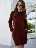 Round Neck Long Sleeve Mini Dress with Pockets - Trendsi - Flyclothing LLC