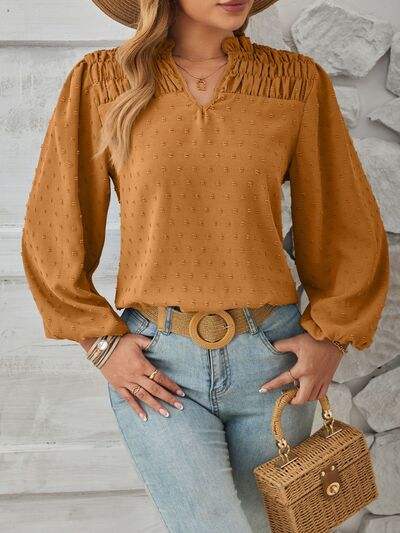 Ruched Swiss Dot Notched Balloon Sleeve T-Shirt - Trendsi - Flyclothing LLC
