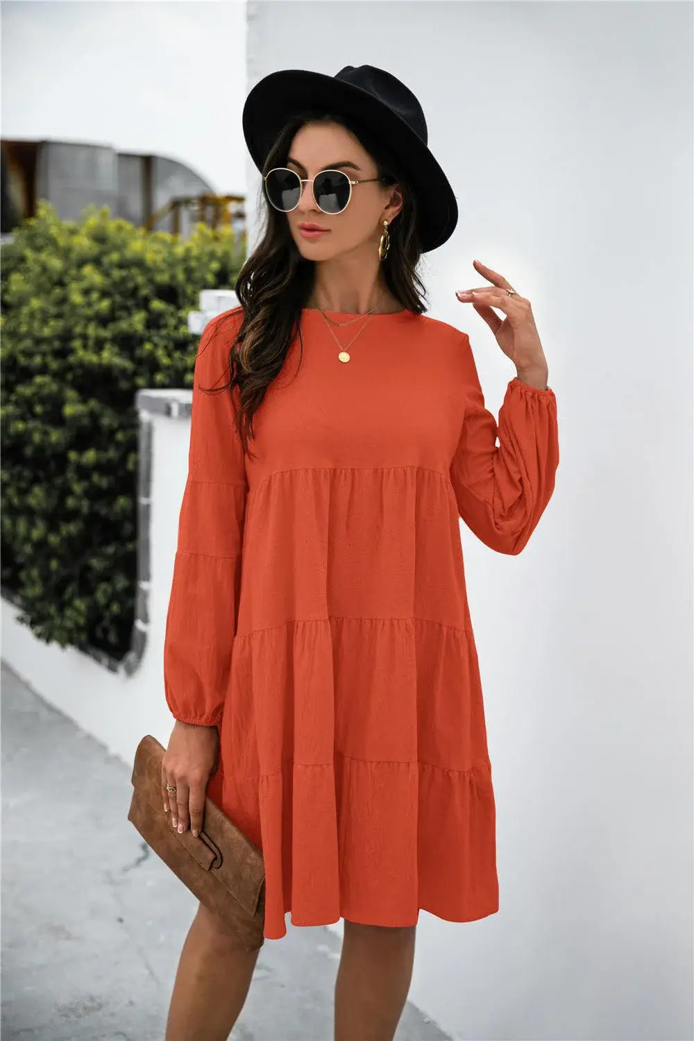 Balloon Sleeve Keyhole Tiered Dress - Trendsi - Flyclothing LLC