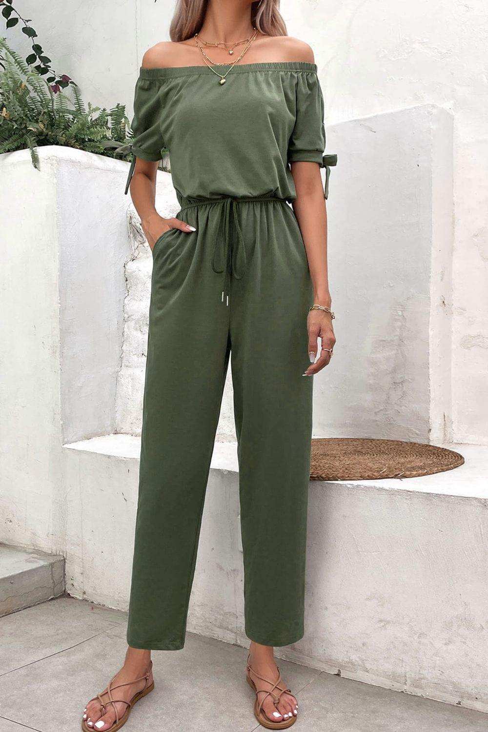 Off-Shoulder Tie Cuff Jumpsuit with Pockets - Trendsi - Flyclothing LLC