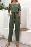 Off-Shoulder Tie Cuff Jumpsuit with Pockets - Trendsi - Flyclothing LLC