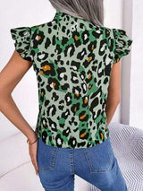 Leopard Tie Neck Cap Sleeve Blouse - Trendsi - Flyclothing LLC