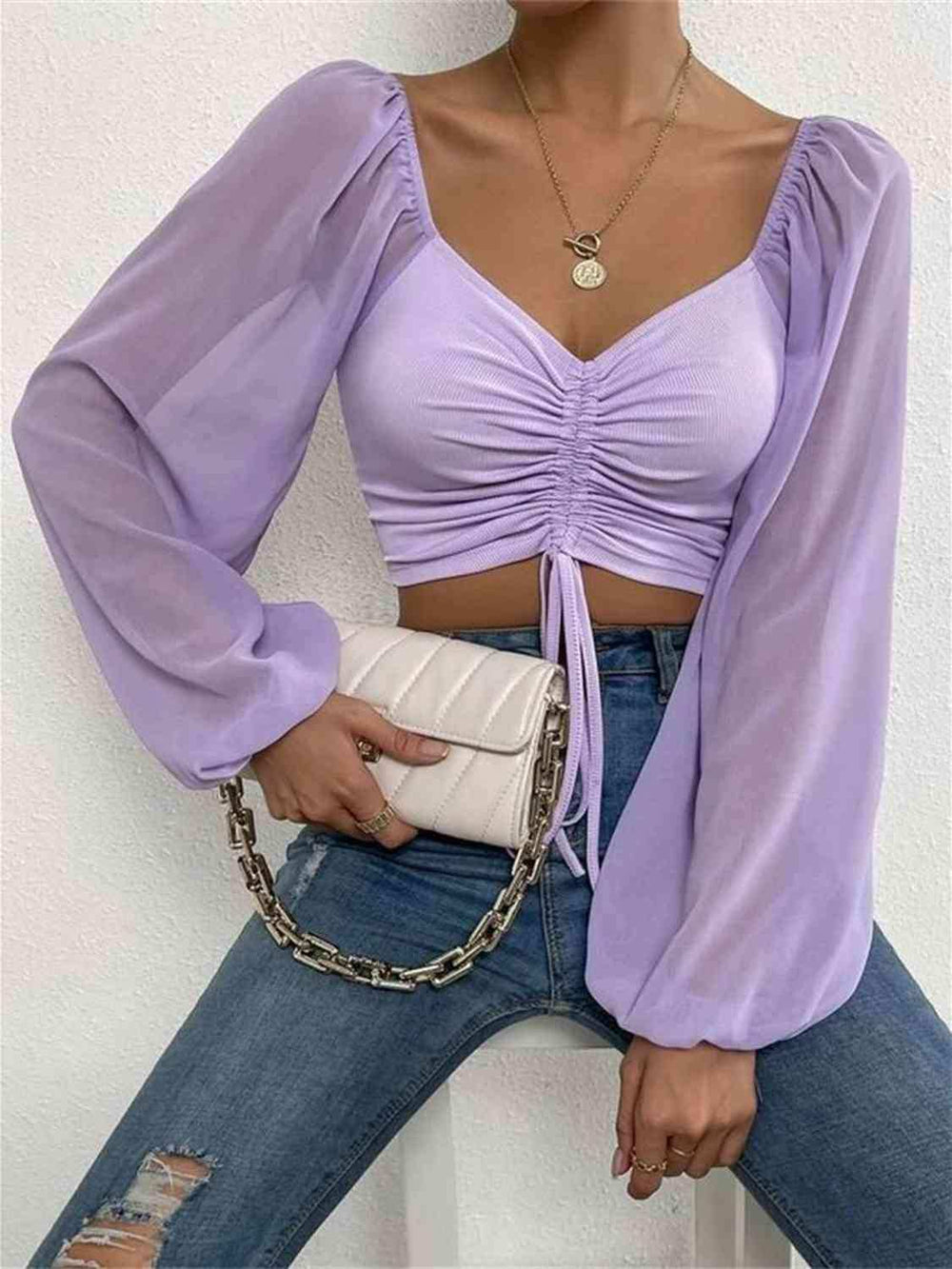 Drawstring Sweetheart Neck Cropped Top - Trendsi - Flyclothing LLC