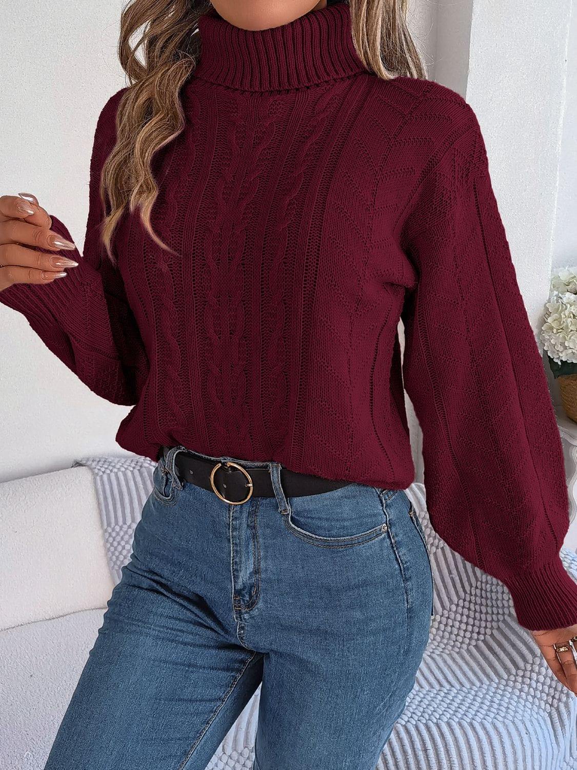 Cable-Knit Turtleneck Sweater - Trendsi