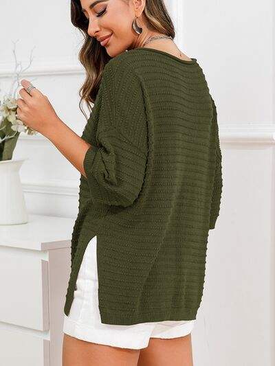 Rolled Round Neck Dropped Shoulder Slit Sweater - Trendsi - Flyclothing LLC