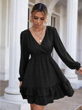 Swiss Dot Surplice Smocked Ruffle Hem Dress - Trendsi