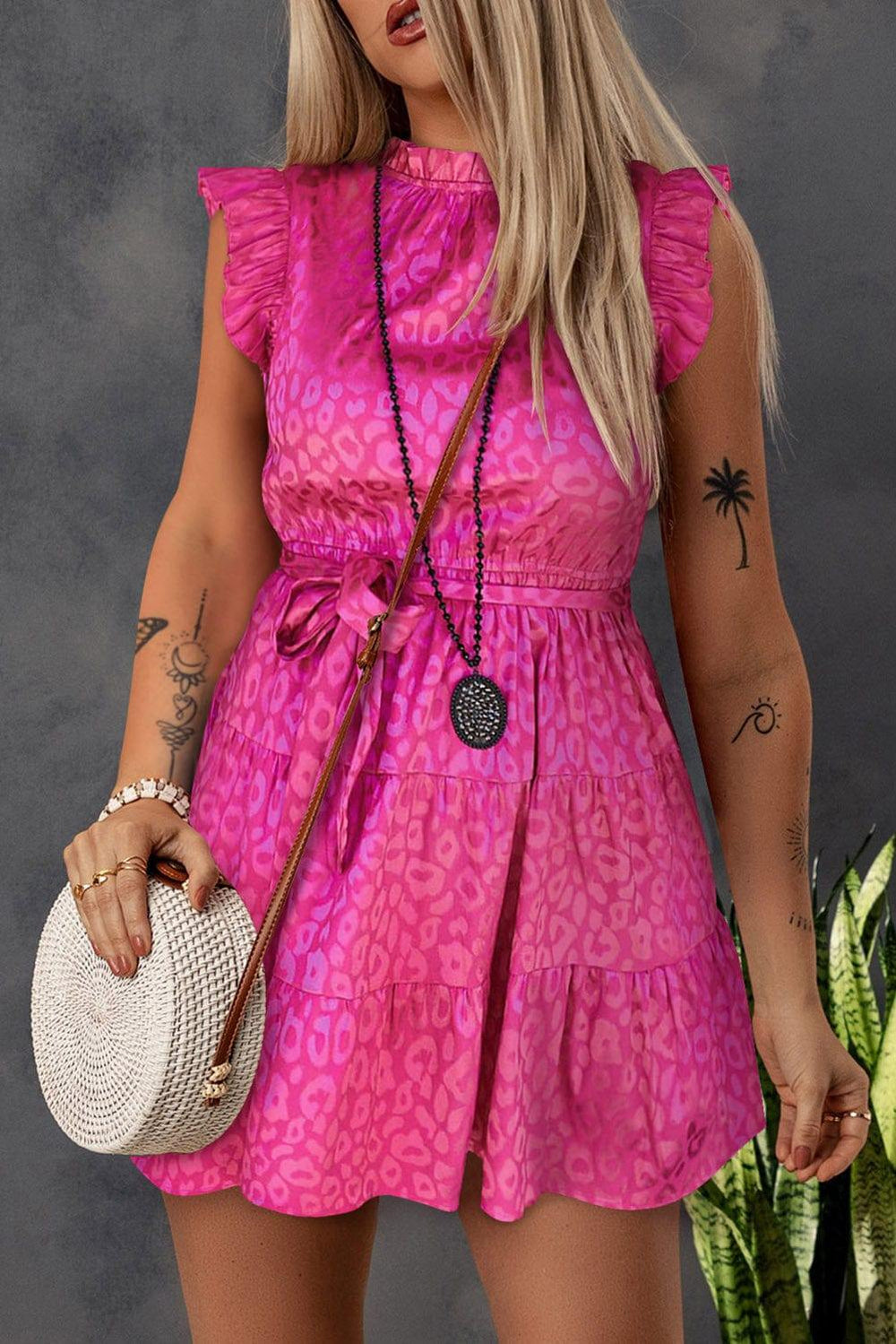 Leopard Tie Belt Tiered Dress - Trendsi
