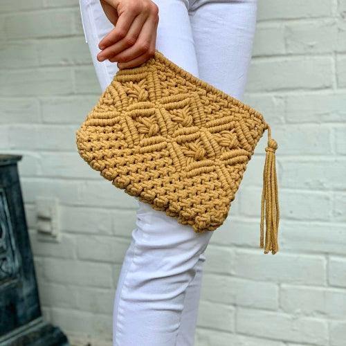 Macrame Clutch with Tassel, Tan - Flyclothing LLC