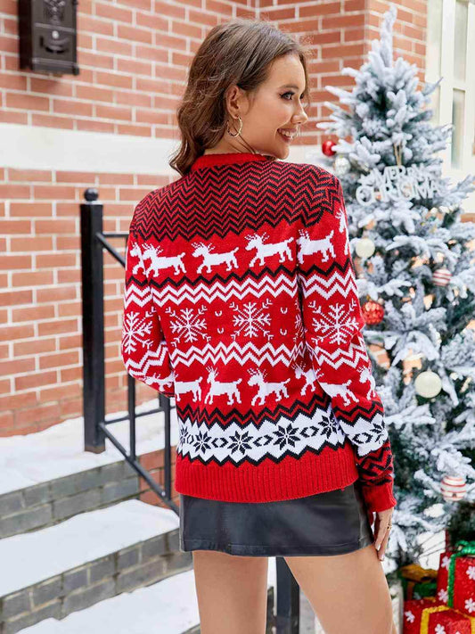 Printed Round Neck Long Sleeve Sweater - Trendsi - Flyclothing LLC