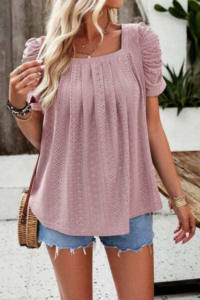 Eyelet Square Neck Puff Sleeve T-Shirt - Trendsi - Flyclothing LLC