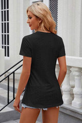 Eyelet Slit Round Neck Short Sleeve T-Shirt - Trendsi - Flyclothing LLC