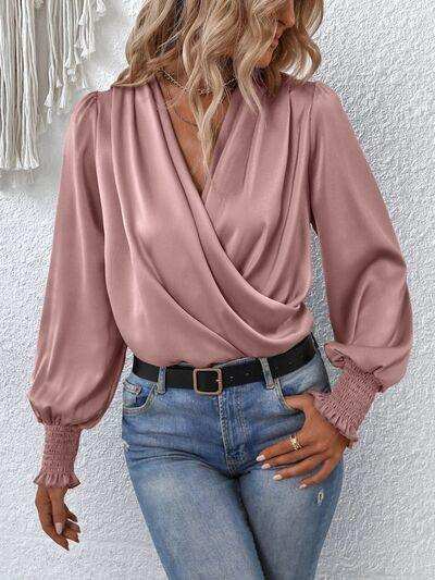 Surplice Smocked Lantern Sleeve Blouse - Trendsi - Flyclothing LLC