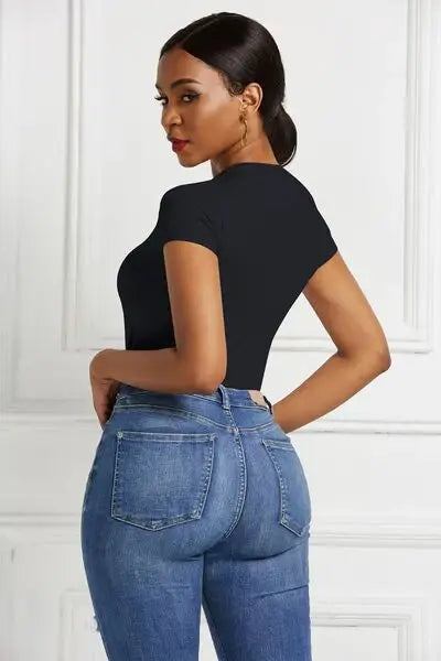 Round Neck Short Sleeve Bodysuit - Trendsi - Flyclothing LLC