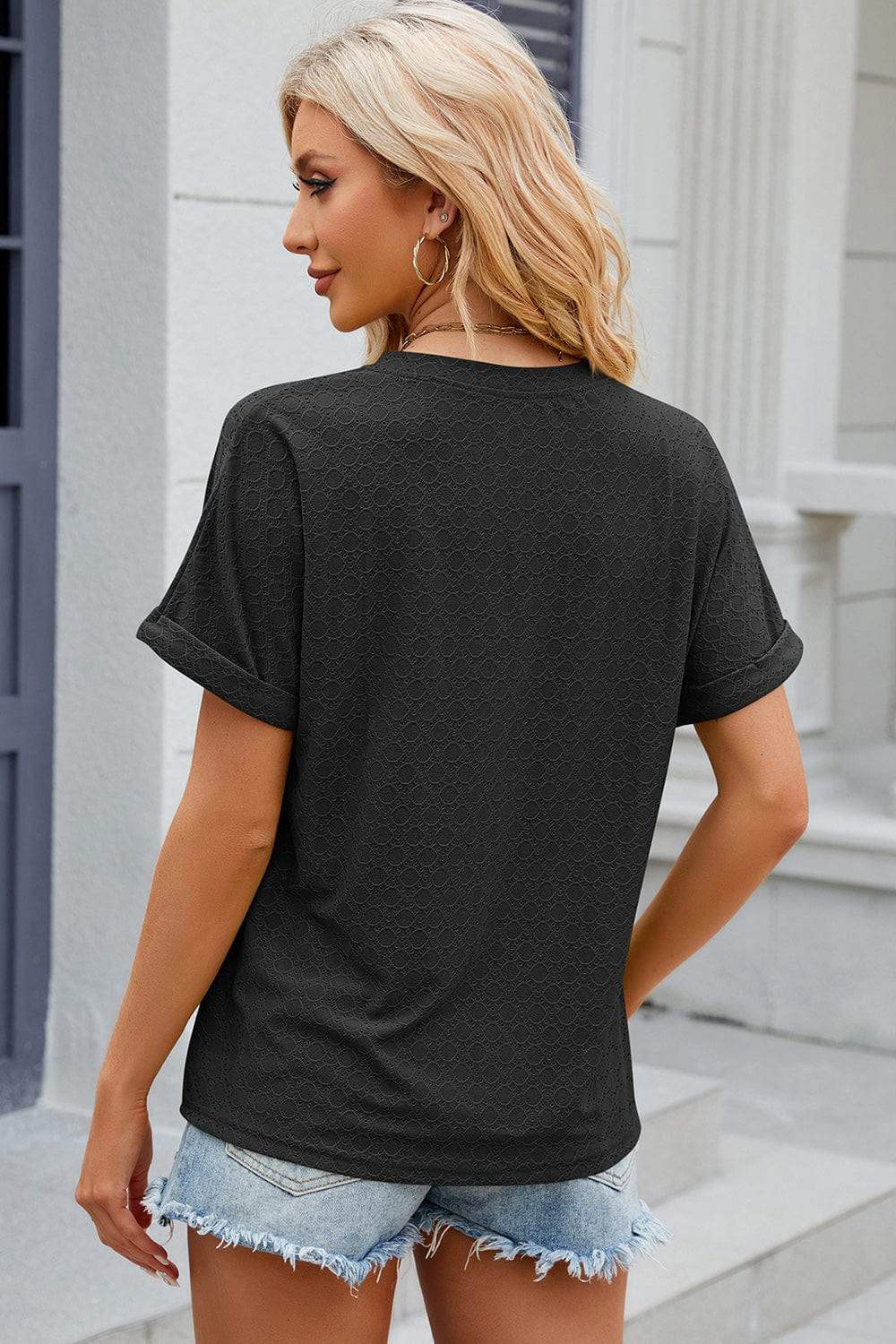 Eyelet Notched Short Sleeve T-Shirt - Trendsi - Flyclothing LLC