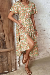 Floral V-Neck Front Slit Dress - Trendsi - Flyclothing LLC