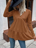 Waffle-knit V-Neck Long Sleeve Blouse - Trendsi - Flyclothing LLC
