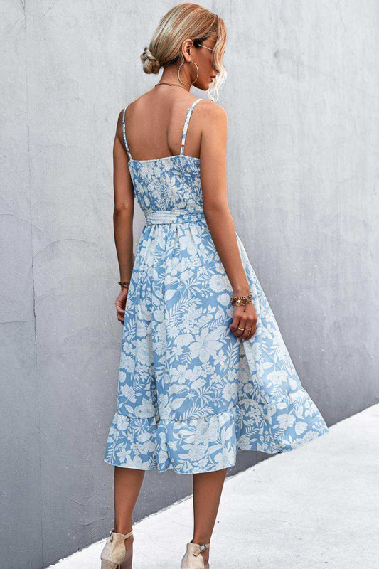 Floral Frill Trim Scoop Neck Spaghetti Strap Dress - Trendsi - Flyclothing LLC