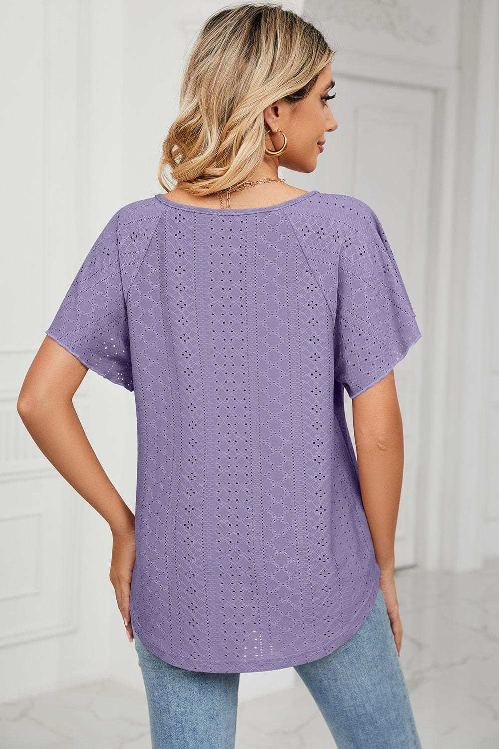 Eyelet Tie Neck Flutter Sleeve Blouse - Trendsi - Flyclothing LLC