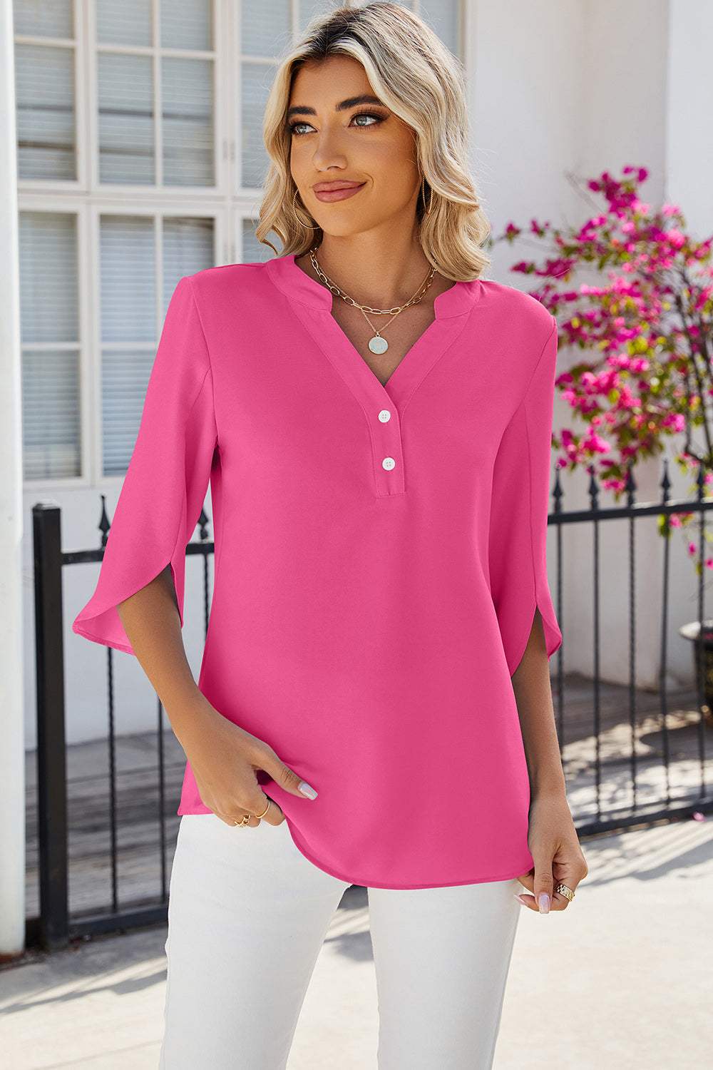 Notched Half Button T-Shirt - Trendsi - Flyclothing LLC