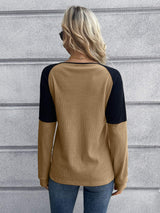 Contrast Buttoned Round Neck Raglan Sleeve Top - Trendsi - Flyclothing LLC