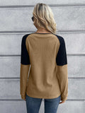Contrast Buttoned Round Neck Raglan Sleeve Top - Trendsi - Flyclothing LLC