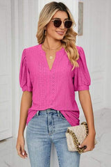 Eyelet Notched Short Sleeve T-Shirt - Trendsi - Flyclothing LLC