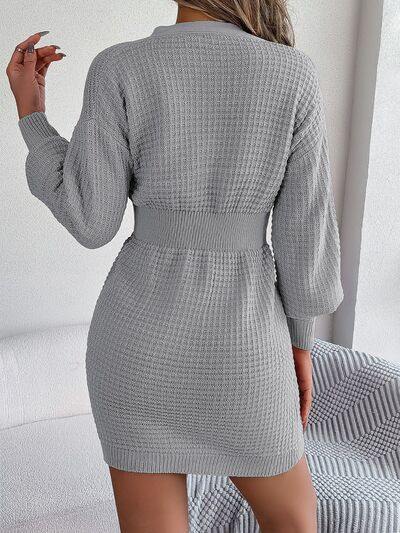 Buttoned Cable-Knit V-Neck Sweater Dress - Trendsi
