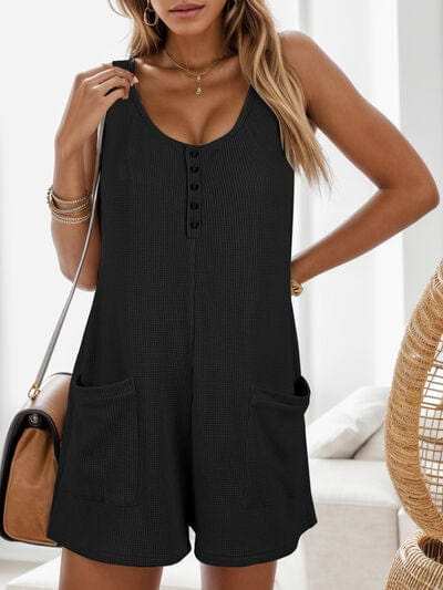Waffle-Knit Scoop Neck Wide Strap Romper - Trendsi - Flyclothing LLC