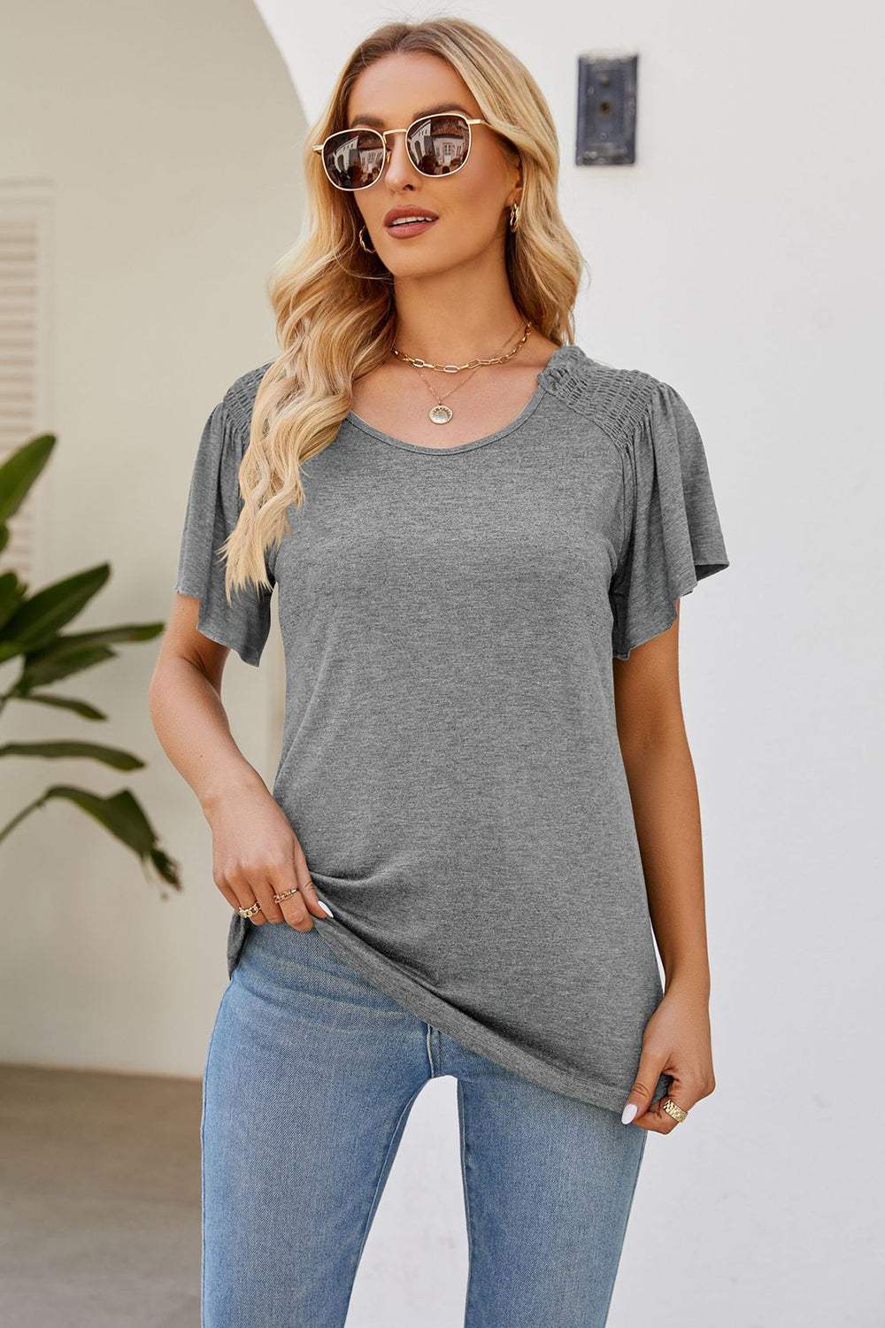 Smocked Round Neck Flutter Sleeve T-Shirt - Trendsi - Flyclothing LLC