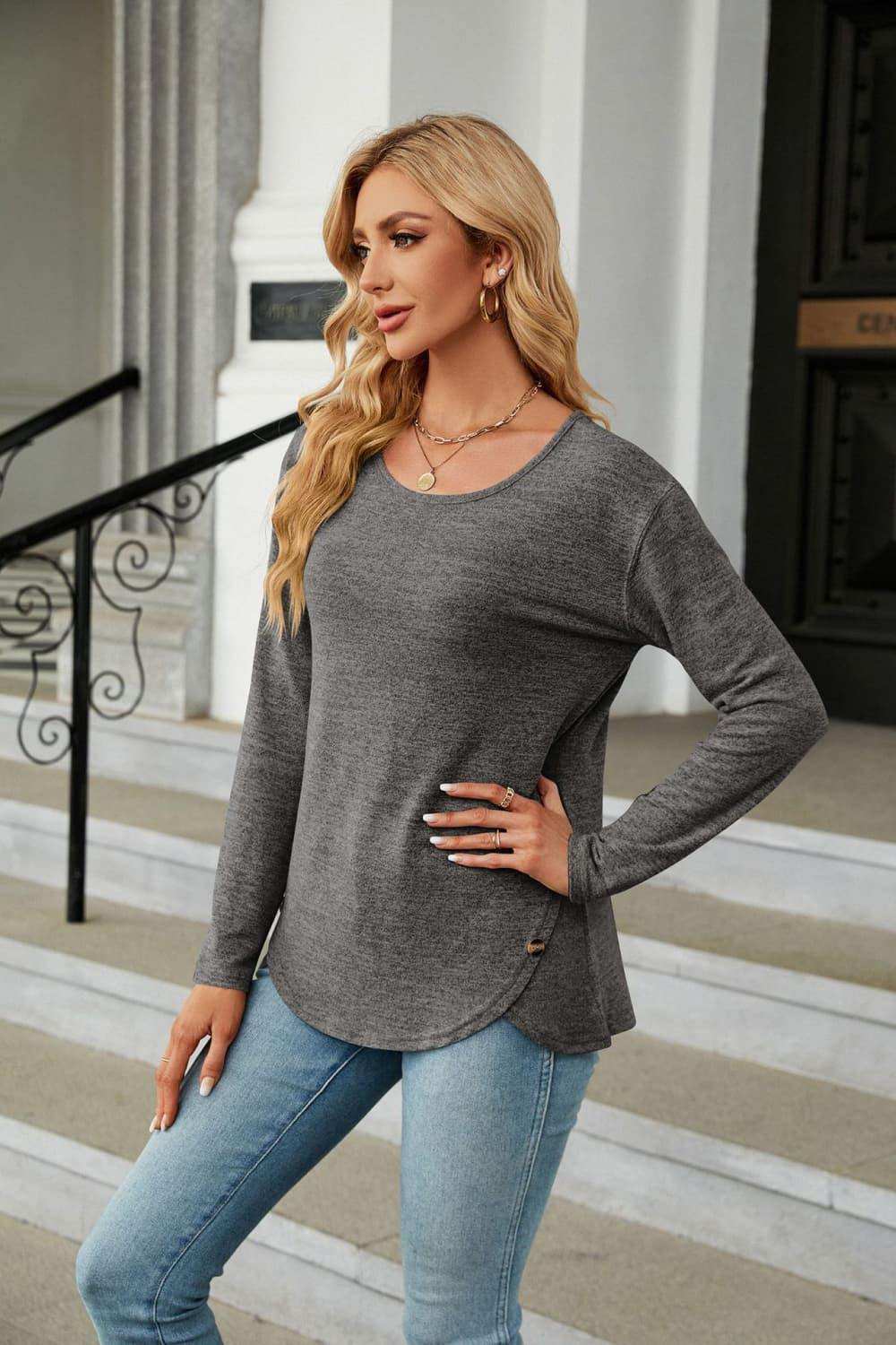 Round Neck Long Sleeve T-Shirt - Trendsi - Flyclothing LLC