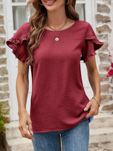 Textured Petal Sleeve Round Neck Tee - Trendsi - Flyclothing LLC