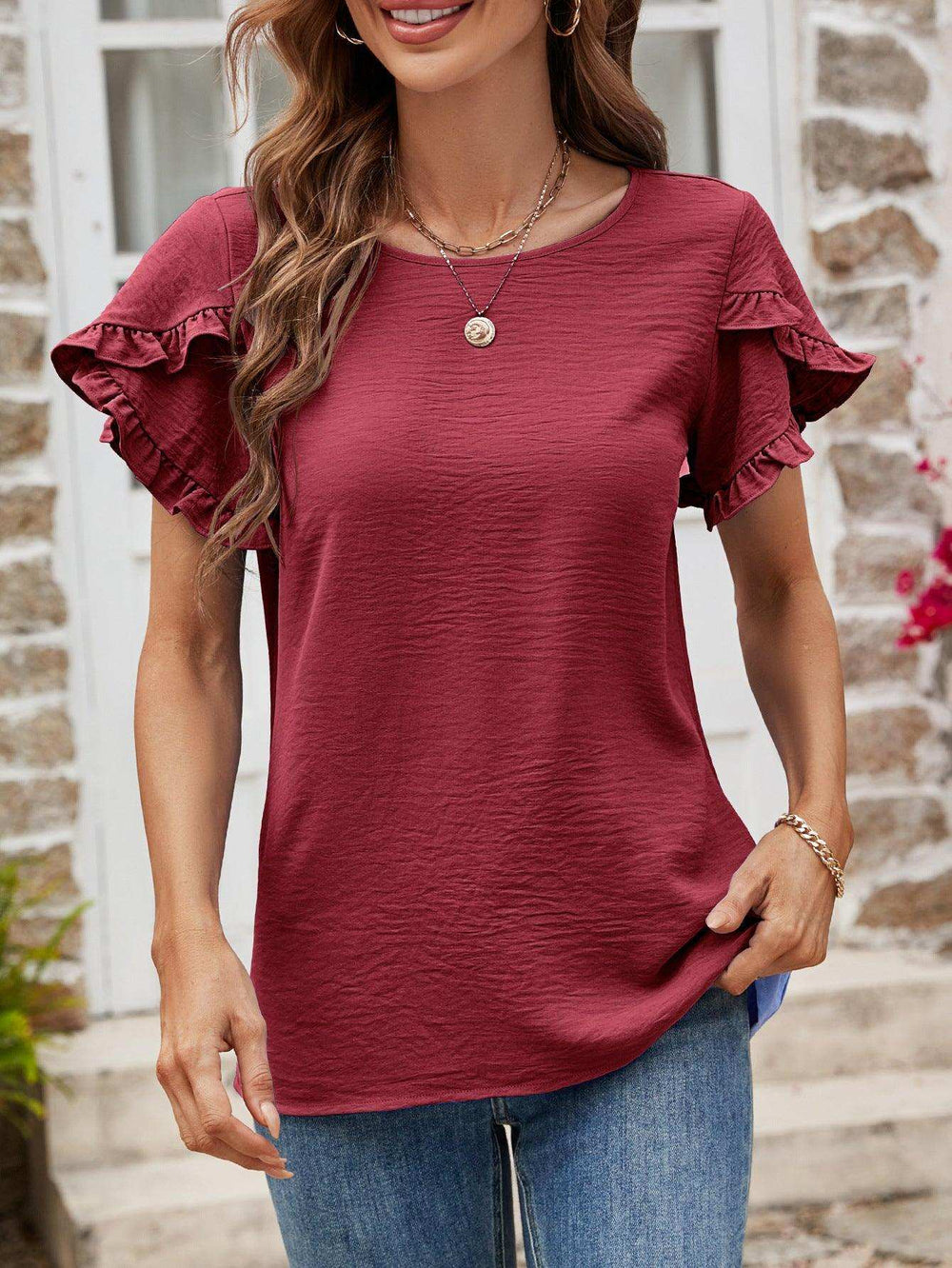 Textured Petal Sleeve Round Neck Tee - Trendsi - Flyclothing LLC